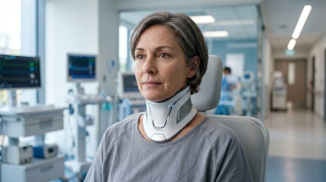 Patient wearing a futuristic smart collar for speech synthesis