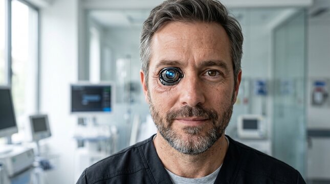 Close up of a patient with a sleek cybernetic bionic eye implant