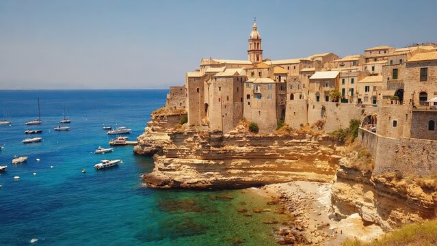 Scenic view of a historic Mediterranean coastal town nestled into dramatic cliffs, overlooking turquoise blue sea and picturesque harbor