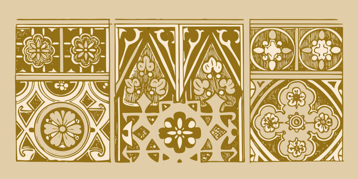 ornate floral tile pattern vintage engraved style beige background