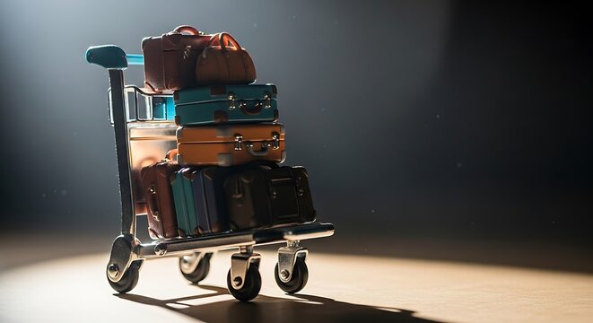 Stacked Miniature Suitcases on an Airport Trolley with Dramatic Spotlight Lighting