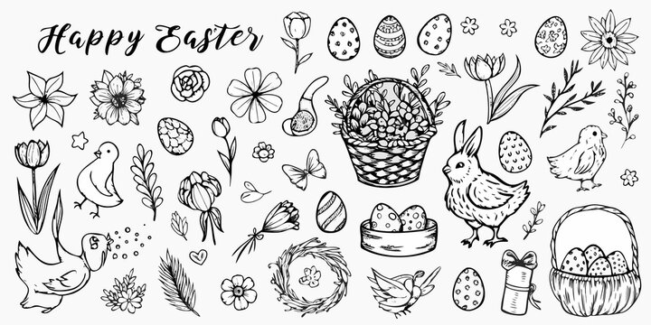 hand drawn easter elements collection black and white sketch