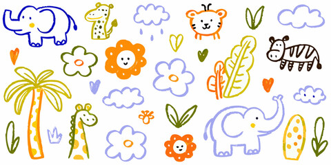 whimsical safari animal and floral doodles on white background © Dipa