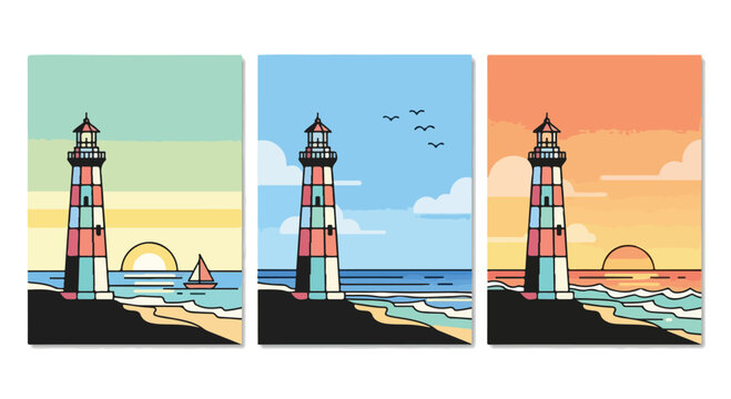 Colorful lighthouse trio features beautiful coastal scenes in flat vector design.