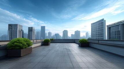 Obraz premium Rooftop View of Urban Skyline with Potted Plants Against Clear Blue Sky and Modern Buildings