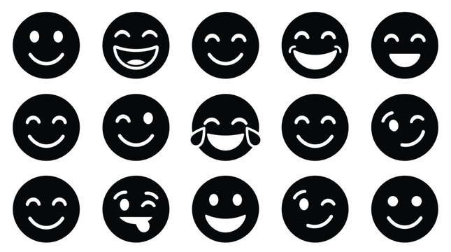 A collection of black and white emoji icons displaying various facial expressions and emotions, arranged in a grid.