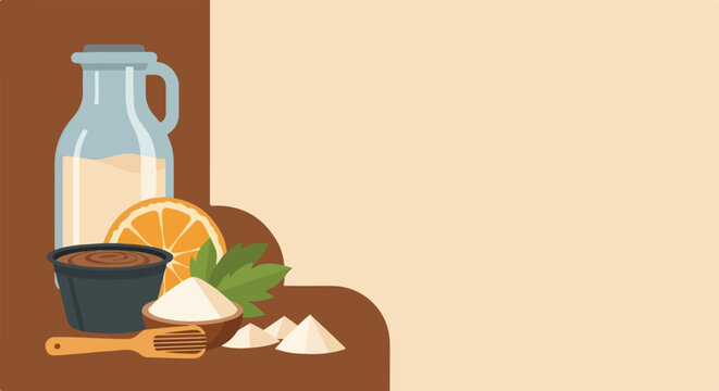 A minimalist vector illustration featuring a carafe, chocolate bowl, orange slice, and powders on a brown and beige background.