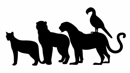 Group of jungle animals silhouettes including monkey leopard lion and bird standing together in a row on white background © Ubaid