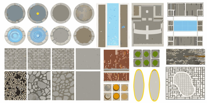 Architectural elements and textures top down view isolated on white