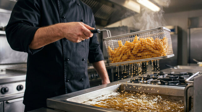 Chef frying golden French fries in commercial kitchen with steam  
