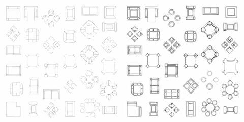 Obraz premium Furniture Top View Line Art Set On White Background