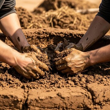 Muddy Hands Mixing Mud and Straw for Sustainable Natural Building Construction