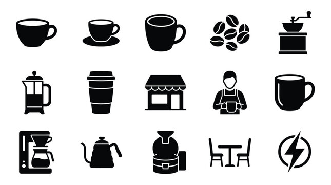 Collection of black and white icons representing various coffee-related items and concepts, including brewing methods, coffee beans, and cafe elements.