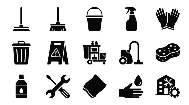 A collection of  icons including mops, brooms, buckets, spray bottles, gloves, trash cans, caution signs, cleaning carts, vacuum cleaners, sponges, cleaning solutions, tools, cloths, and hand washing.