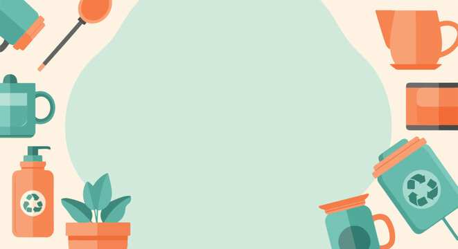 A vector background with eco-friendly items like a recycle bin, plant, and reusable bottles framing a central space for text in a minimalist style.