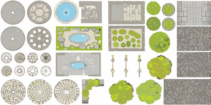 Paving stones and landscape elements top view vector illustration