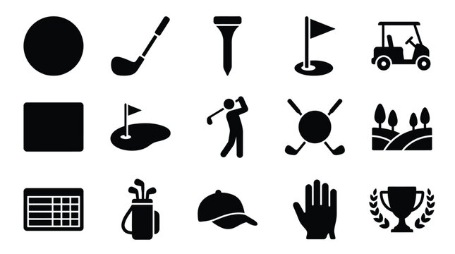 Collection of black and white icons representing various elements associated with the sport of golf, including equipment, players, and course features.