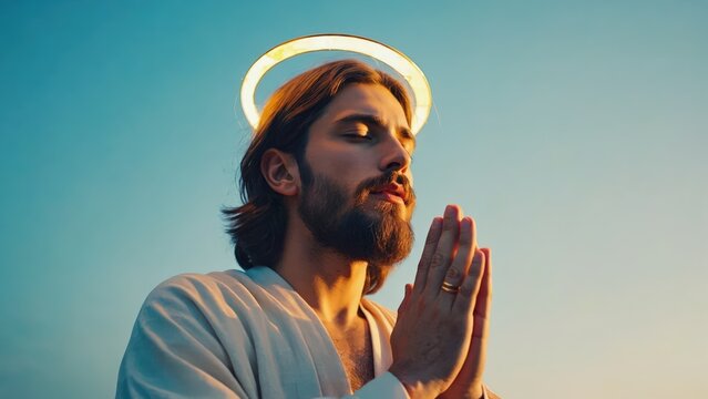 Spiritual man praying devotionally under a clear blue sky, illuminated by a glowing halo representing divinity and deep faith.