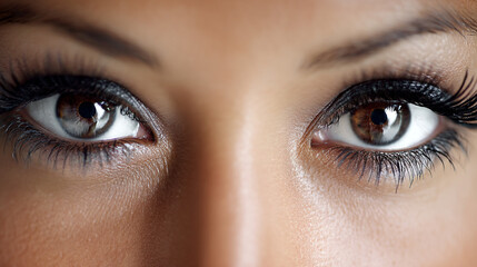 Fototapeta premium Extreme close-up macro shot of a woman's brown eyes with dramatic sparkling makeup
