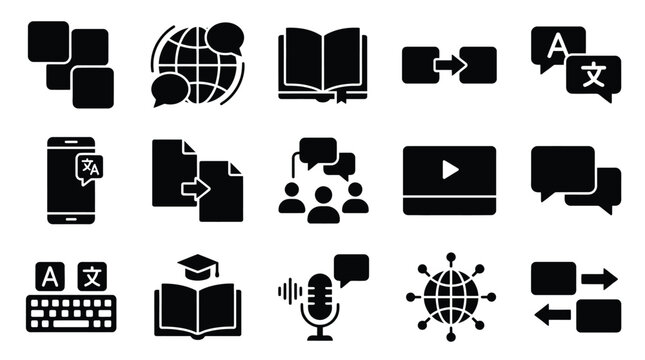 Collection of diverse icons representing translation, communication, education, and technology concepts, including language exchange, learning, and digital tools.
