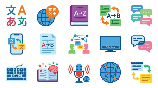 Collection of flat design icons representing various aspects of language translation and communication technology.