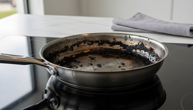 Close up of a dirty stainless steel stovetop with burned pan showing carbonized food residue on induction stove in a modern kitchen for home maintenance concept