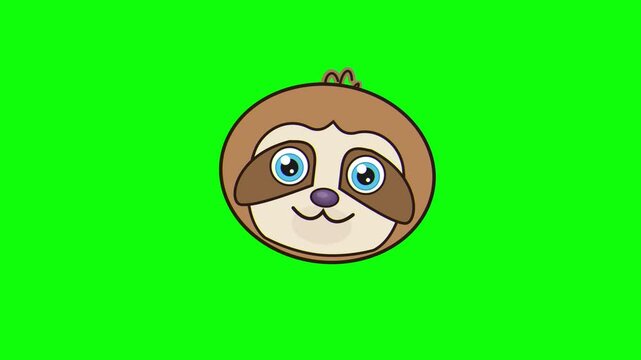 Cute Cartoon Sloth Face Animation on Green Screen. 4K Video