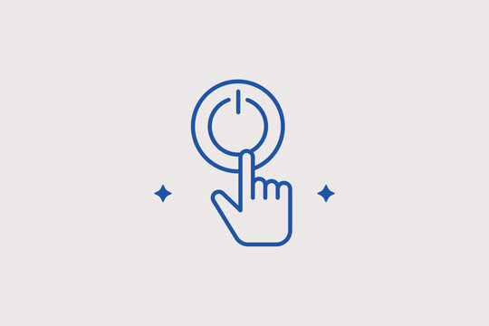 Power button with finger line icon for switching on devices and system control. Interactive vector illustration for user interface designs and technology start-up guides.