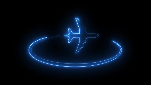 Neon airplane flight icon with circular path, blue glowing travel symbol.