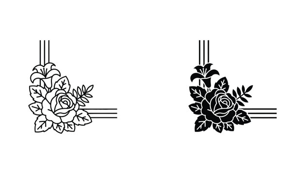 Floral corner border decoration with rose and lily flowers in black and white line and solid silhouette style