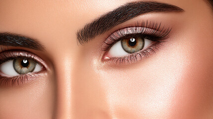 Naklejka premium Close-up of a woman's eyes with glittery eyeshadow and defined brows, make