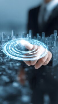 Business professional gesturing at surveillance icon, blue skyline, futuristic UI.