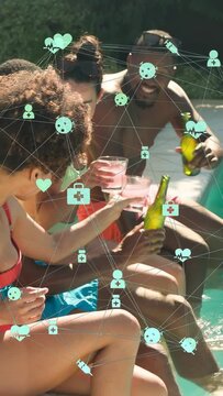 Vertical video: Group raising glasses tilting bottle cheering as teal health icons moving over pool