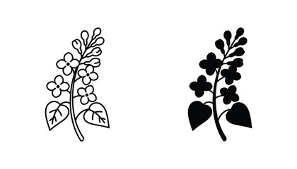 Lilac flower branch icon with buds and leaves in line art and solid black silhouette for botanical and nature themed graphic design © TARU STOCKPLC