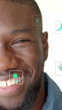 Vertical video: Plug popping by lip man moving smile into laugh back while icons rising for energy