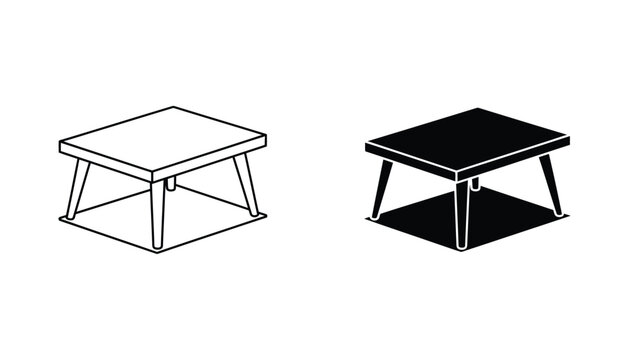 Coffee table icon with four legs and rectangular top in line art and solid black vector design for furniture interior catalog