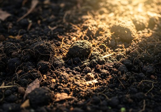 Rich fertile soil close up in warm golden sunlight