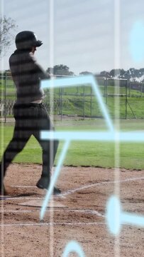 Vertical video: On pitch batter swinging, running 1st, catcher adjusting, baseball overlay