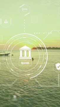 Vertical video: HUD rising over sea pulsing hex icons drifting swimmer bobbing showing bank data