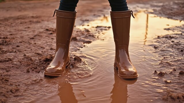 A pair of tan rubber rain boots standing in shallow puddle mud, symbolizing a wet, rustic outdoor journey during golden hour