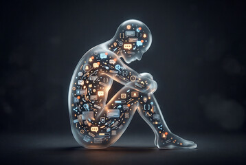 Fototapeta premium Figura umana traslucida piena di icone digitali, simbolo di ansia moderna, overload informativo e pressione costante delle notifiche. Immagine concettuale per temi psicologici e tecnologici.