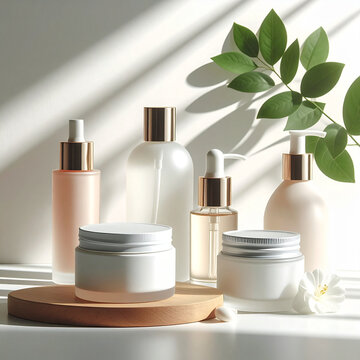 Productos de cuidado facial y corporal femenina sin marca  sobre fondo neutro, frascos y tarros en concepto de limpieza, belleza y cuidado personal,