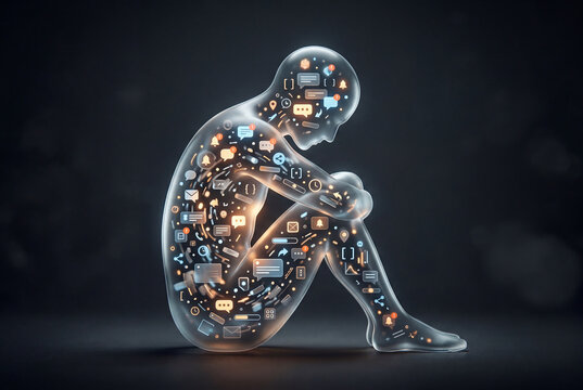 Figura umana traslucida piena di icone digitali, simbolo di ansia moderna, overload informativo e pressione costante delle notifiche. Immagine concettuale per temi psicologici e tecnologici.
