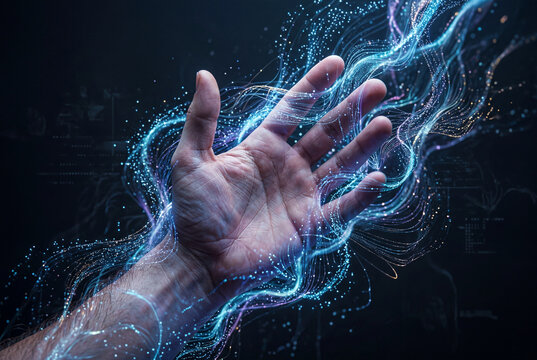Mano umana circondata da flussi luminosi astratti che evocano energia digitale e intelligenza artificiale. Immagine simbolo di connessione, tecnologia avanzata e interazione uomo‑AI.