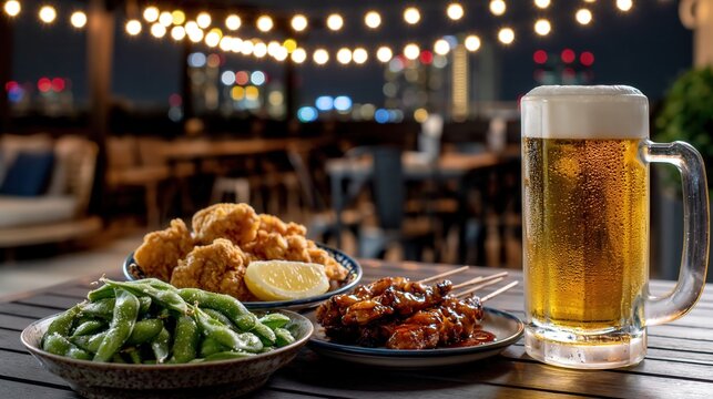 glass of beer and snacks on the table in rooftop beer garden