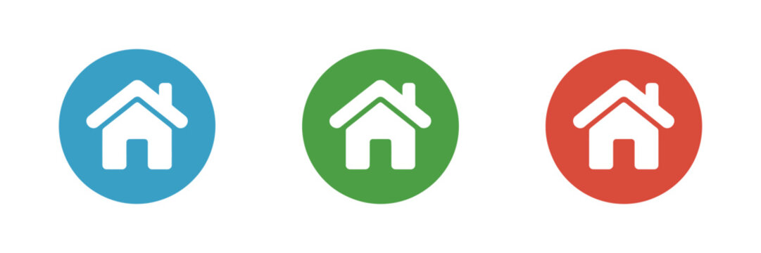 Round colored home buttons home icons set circular navigation symbols for app and website main page UI elements simple modern flat vector design.