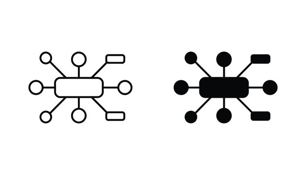 Abstract vector illustration of a central node connecting to diverse peripheral elements representing a complex network or mind map structure