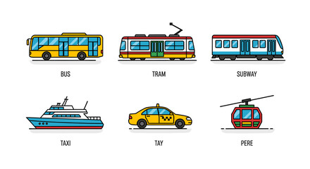 A collection of six different types of public and private transportation vehicles, including a bus, tram, subway, ferry, taxi, and cable car. © Tukujajan