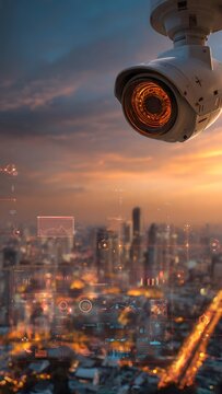 Robotic camera above futuristic city, analytics tablet, holographic UI, sunset glow.