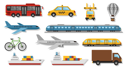 A diverse collection of transportation vehicles, including buses, taxis, trains, airplanes, ships, trucks, and bicycles, illustrating various modes of travel. © Tukujajan